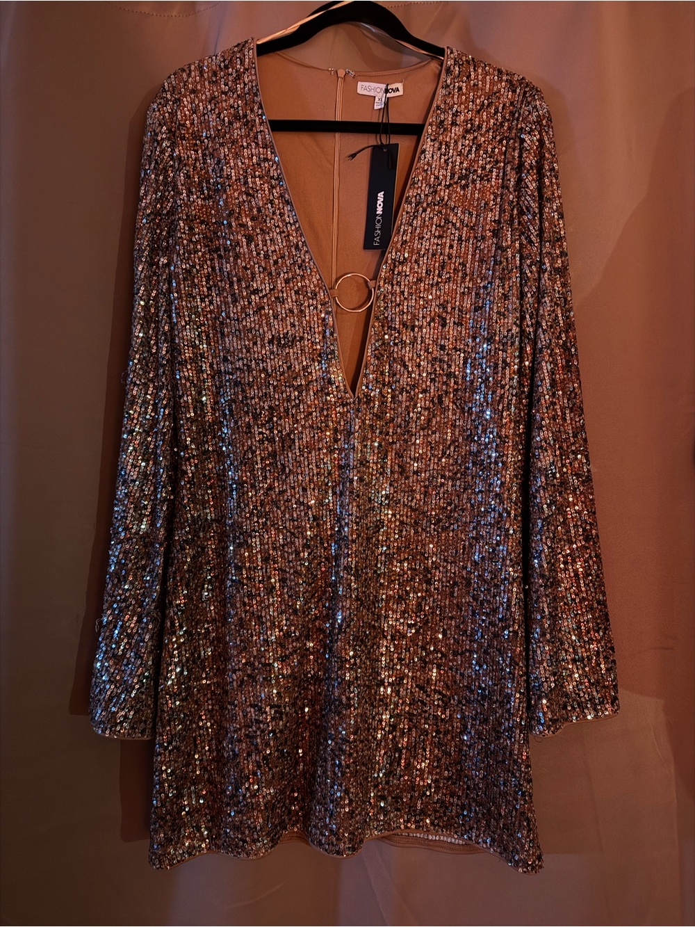 Disco retro 1970s  Sequin Deep V Tunic Dress in Iridescent Rose Gold